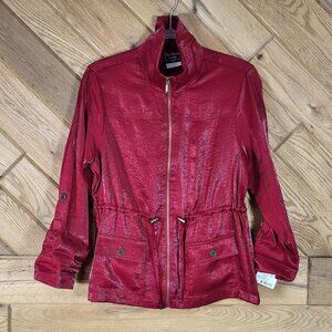 Southern Lady Petite Size 8 Maroon Shiny Metallic Zip Up Jacket Tie Waist NEW